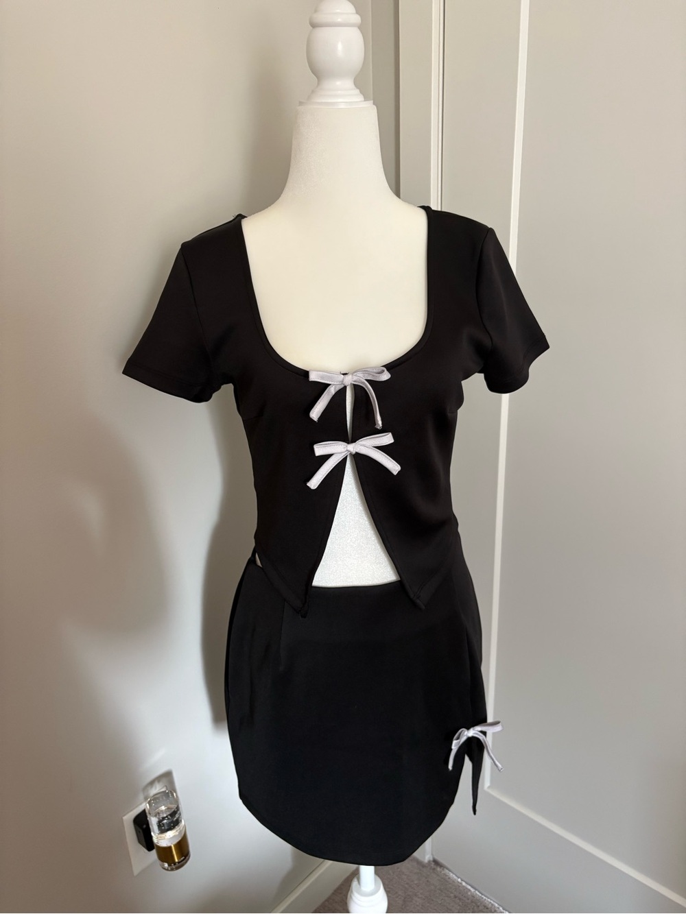 Black Bow-Accent Women's Skirt Set